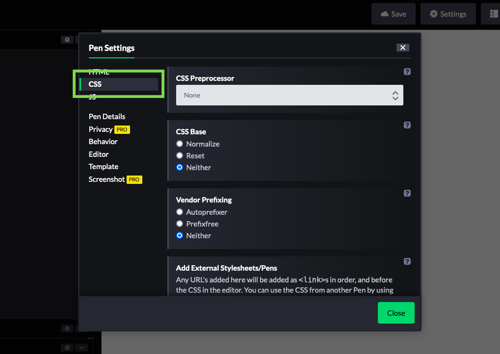 CodePen settings CSS tab