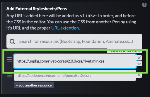 CodePen settings paste Rivet CSS path